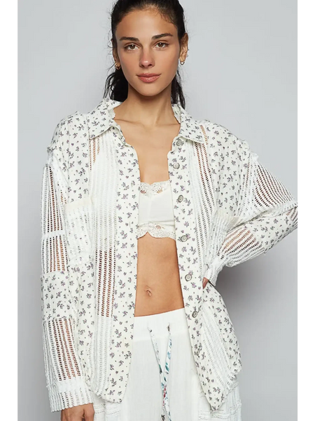 Trendsi white lightweight crochet long sleeve top with floral and open knit patterns