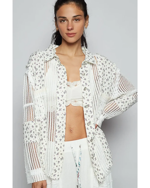 Trendsi white lightweight crochet long sleeve top with floral and open knit patterns
