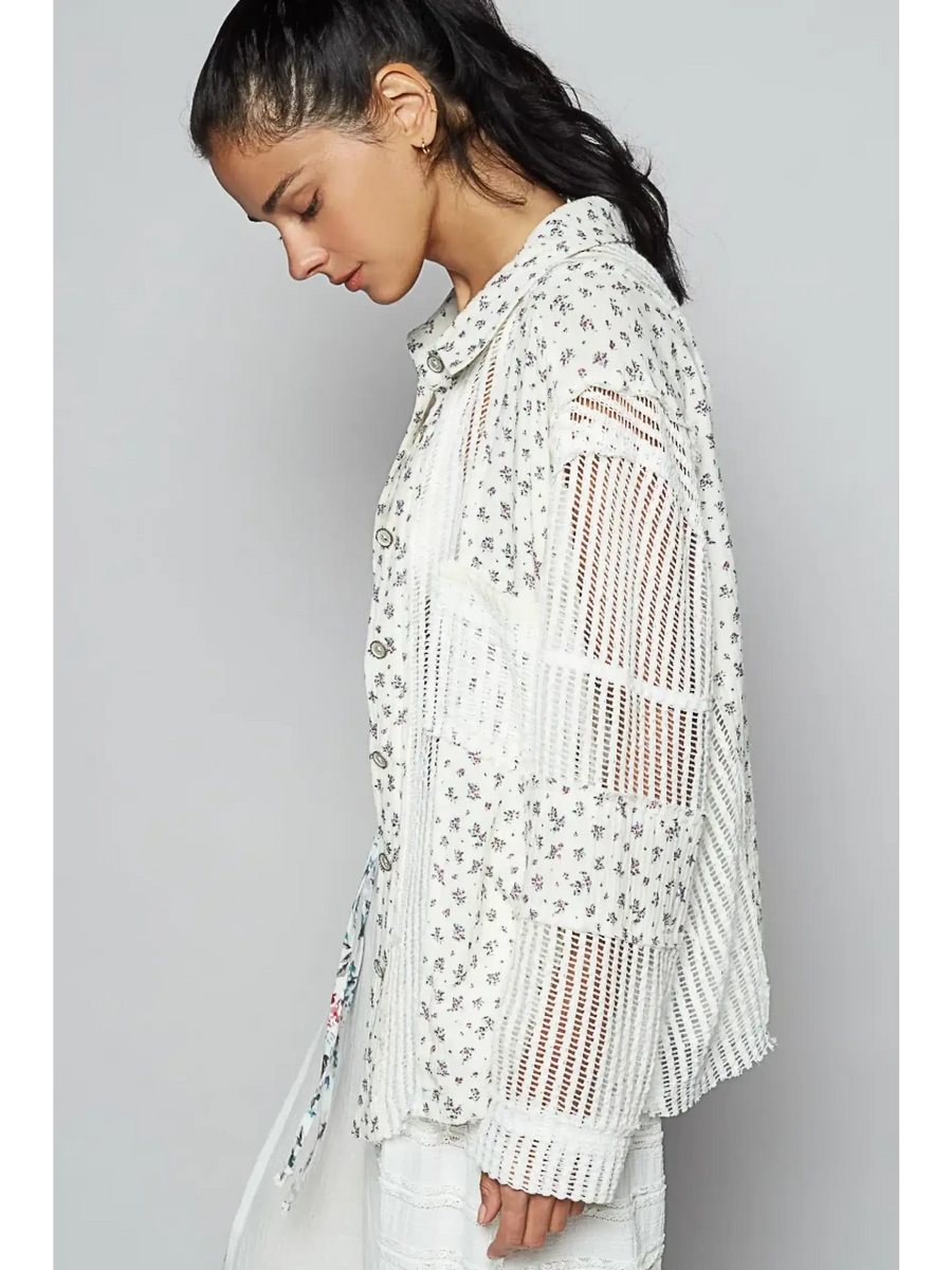Trendsi lightweight crochet long sleeve white crochet top with floral details worn by woman