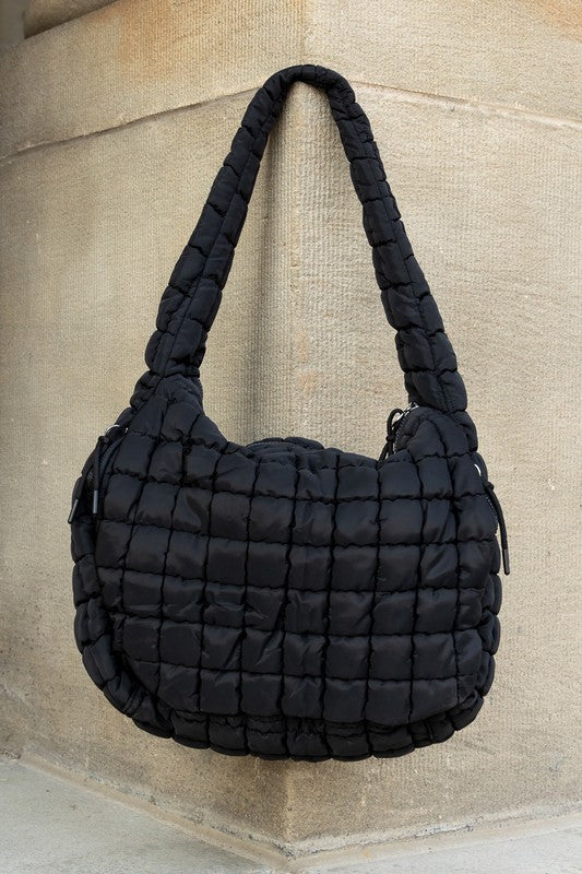 Black Lightweight Large Quilted Puffer Shoulder Bag by Babe Beachwear with padded strap
