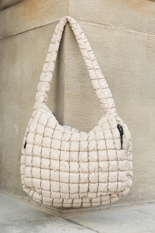 Lightweight Large Quilted Puffer Shoulder Bag in beige with padded strap and zipper details