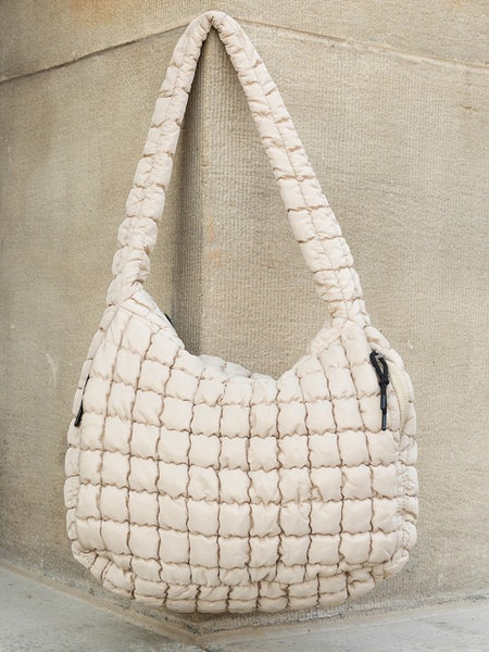 Lightweight Large Quilted Puffer Shoulder Bag in beige with padded strap and zipper details