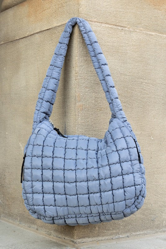 Lightweight Large Quilted Puffer Shoulder Bag in soft blue with padded strap and zipper closure