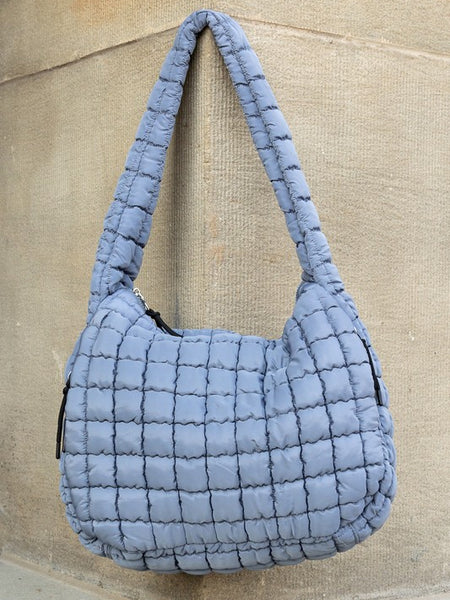 Lightweight Large Quilted Puffer Shoulder Bag in soft blue with padded strap and zipper closure
