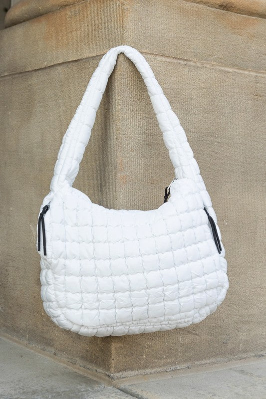 Lightweight Large Quilted Puffer Shoulder Bag in white with padded straps and zipper details