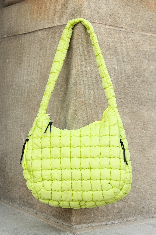Lightweight Large Quilted Puffer Shoulder Bag in bright yellow with padded strap and zipper details