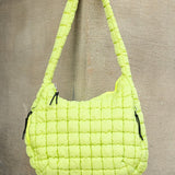 Lightweight Large Quilted Puffer Shoulder Bag in bright yellow with padded strap and zipper details