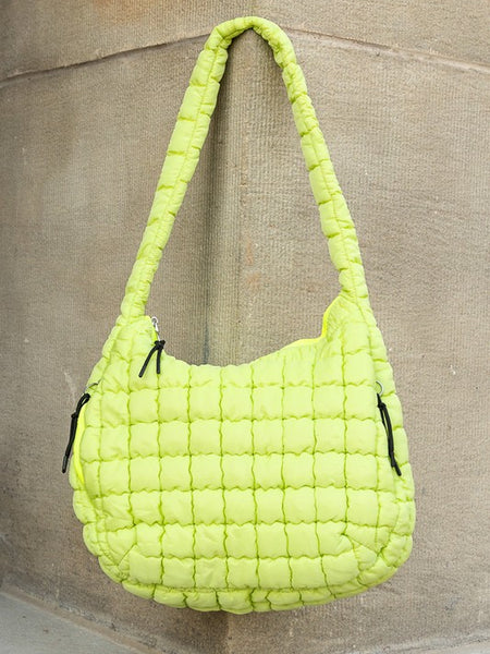 Lightweight Large Quilted Puffer Shoulder Bag in bright yellow with padded strap and zipper details