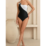 Trendsi long torso one shoulder swimsuit in black and white with floral detail on strap