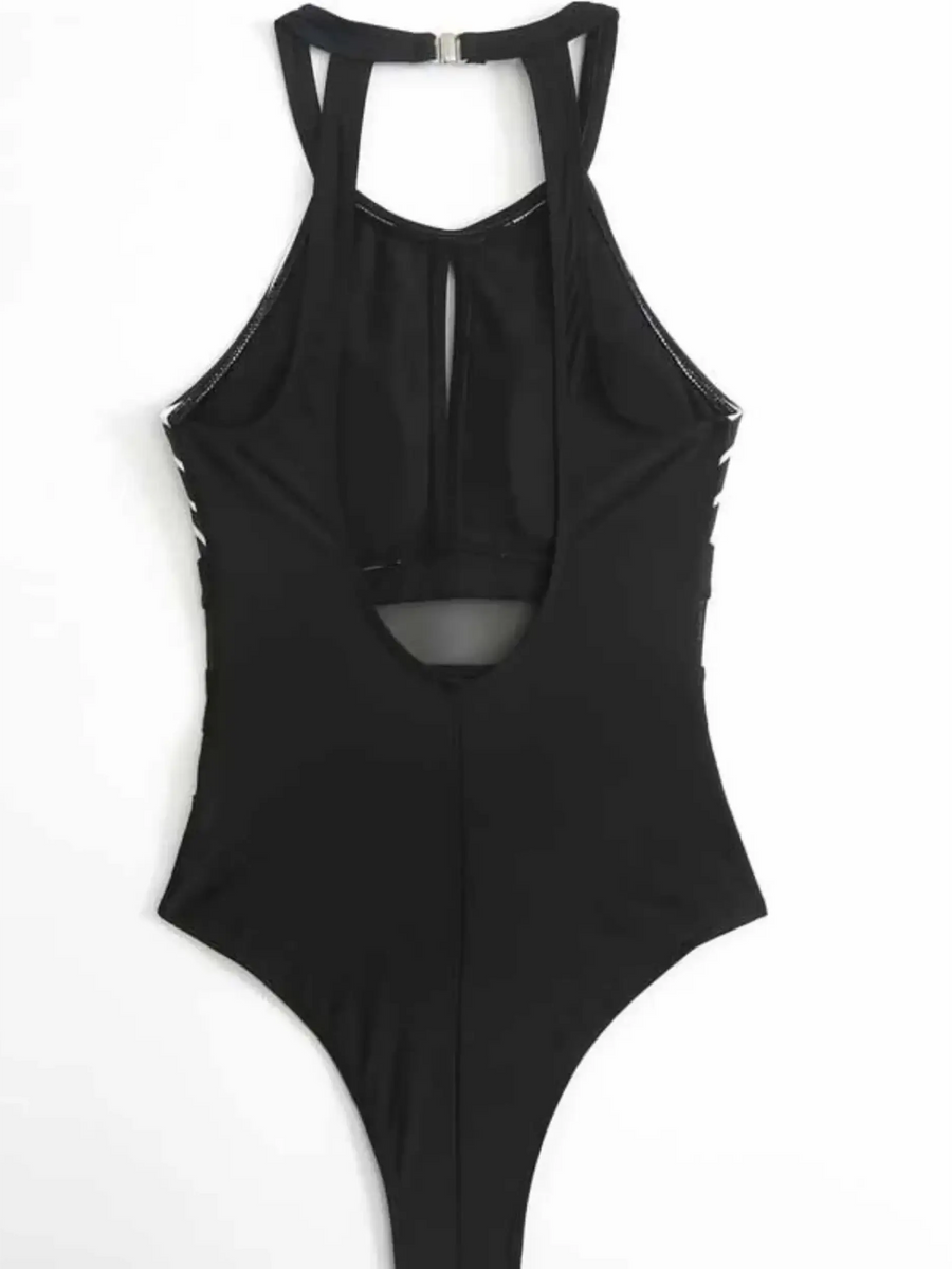 Trendsi black mesh backless swimsuit with halter neck and high-cut leg design