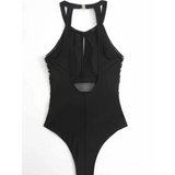Trendsi black mesh backless swimsuit with halter neck and high-cut leg design