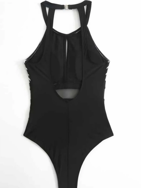 Trendsi black mesh backless swimsuit with halter neck and high-cut leg design