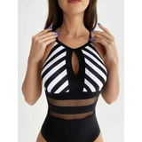 Trendsi black and white striped mesh backless swimsuit with sheer midsection panels