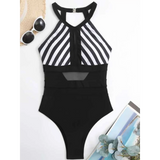 Trendsi black and white striped mesh backless swimsuit with high neckline and sheer waist panel