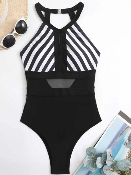 Trendsi black and white striped mesh backless swimsuit with high neckline and sheer waist panel