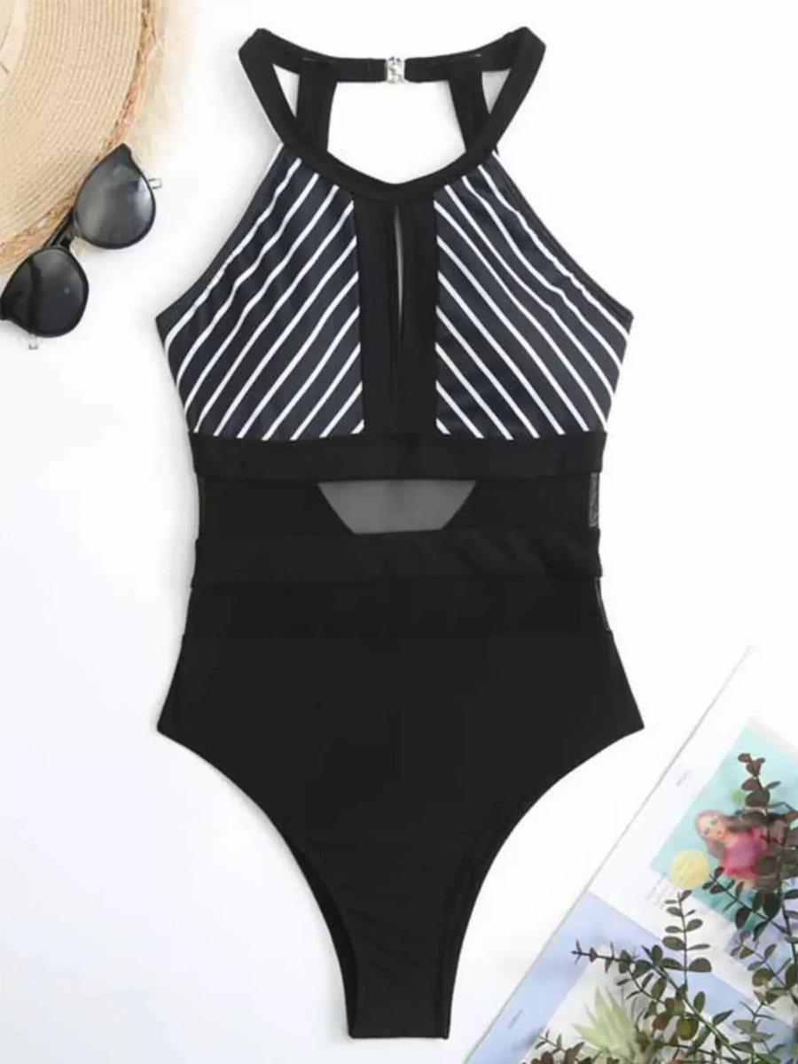 Trendsi black and white striped mesh backless swimsuit with high neck and sheer waist detail