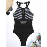 Trendsi black and white striped mesh backless swimsuit with high neck and sheer waist detail