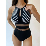Trendsi black and white striped mesh backless swimsuit with high neck and sheer panels