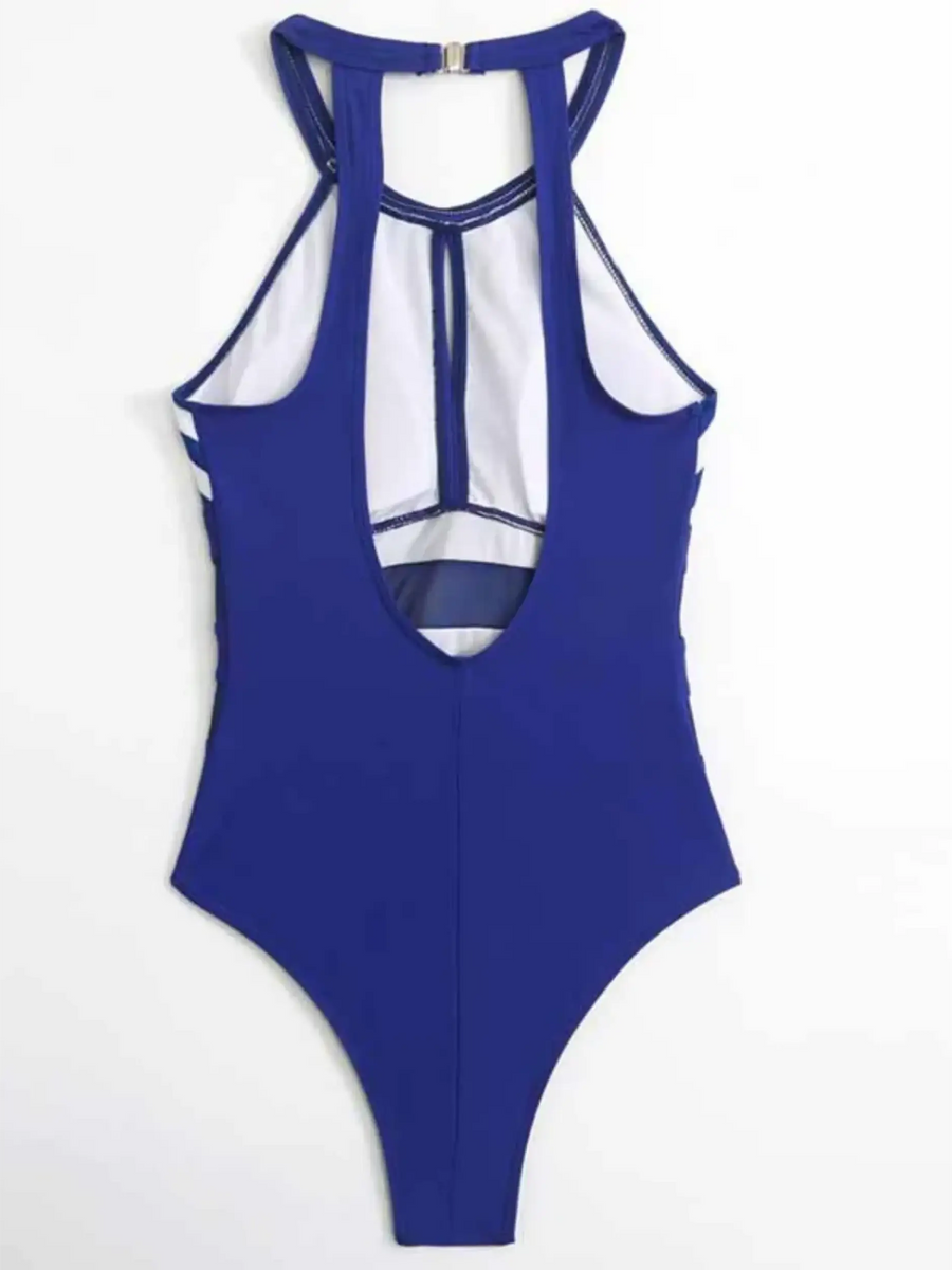Trendsi blue mesh backless swimsuit with halter neck and cutout design