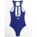 Trendsi blue mesh backless swimsuit with halter neck and cutout design