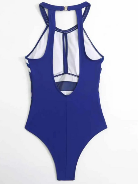 Trendsi blue mesh backless swimsuit with halter neck and cutout design