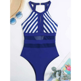 Trendsi blue and white striped high-neck mesh backless swimsuit with sheer panels