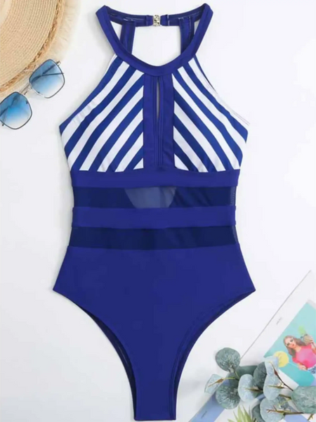 Trendsi blue and white striped high-neck mesh backless swimsuit with sheer panels