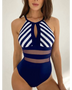 Trendsi navy and white striped mesh backless swimsuit with sheer waistband detail
