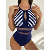 Trendsi navy and white mesh backless swimsuit with striped top and sheer waist panels