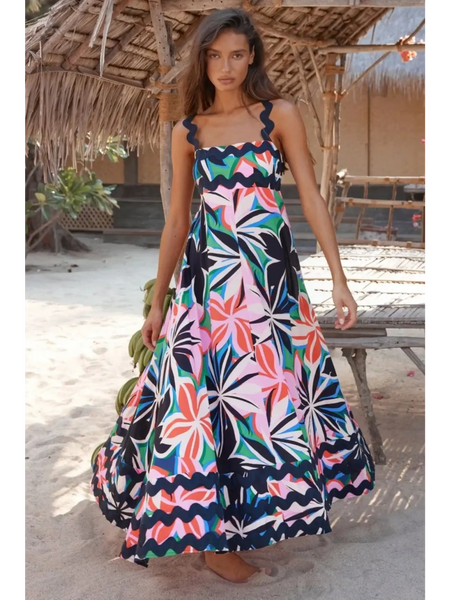 Trendsi navy blue resort dress maxi dress with vibrant floral print and scalloped straps on beach