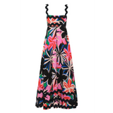 Trendsi maxi dress with colorful floral print and ruffled straps navy blue resort dress