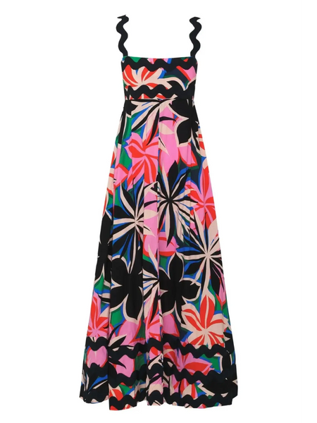 Trendsi maxi dress with colorful floral print and ruffled straps navy blue resort dress
