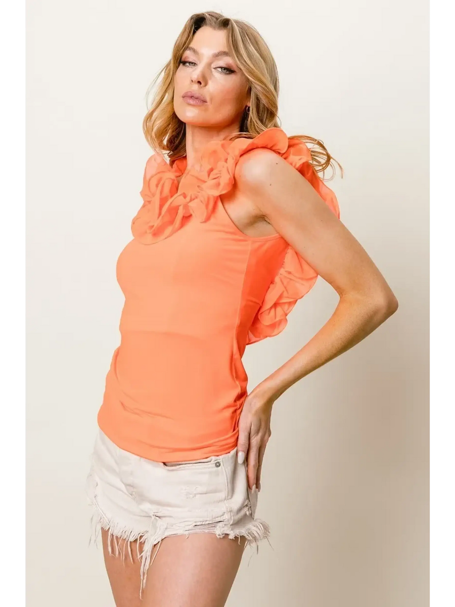 Trendsi neon coral tank top sleeveless with ruffled shoulder detail worn with white distressed shorts