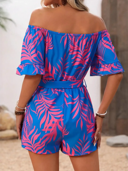 Babe Beachwear off-shoulder beach romper in blue with pink leaf pattern and ruffled sleeves