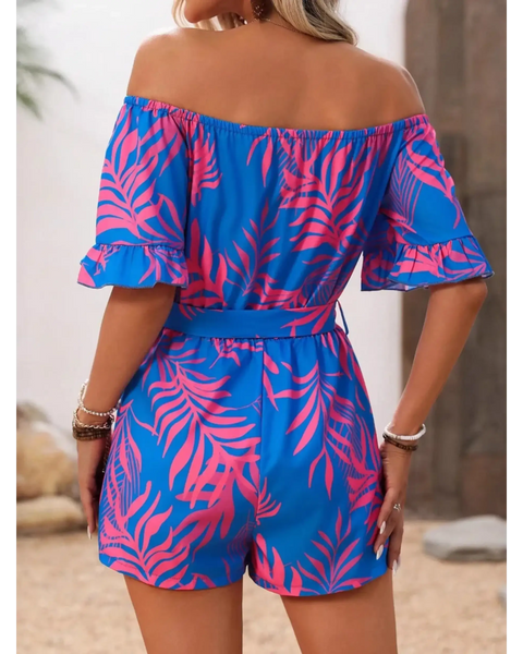 Babe Beachwear off-shoulder beach romper in blue with pink leaf pattern and ruffled sleeves