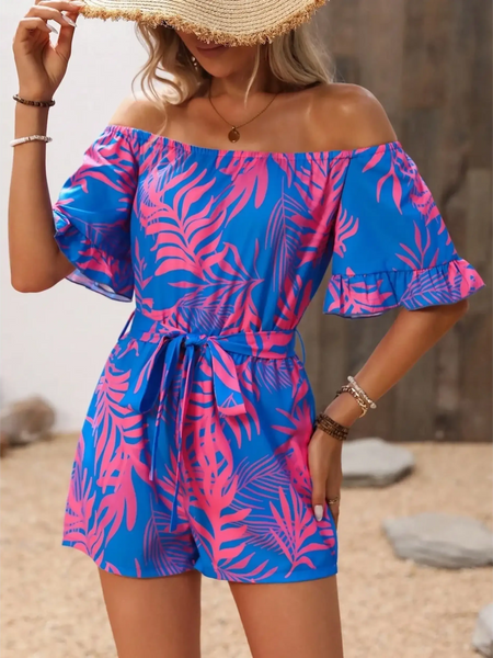 Babe Beachwear off-shoulder beach romper with pink and blue tropical leaf print and waist tie