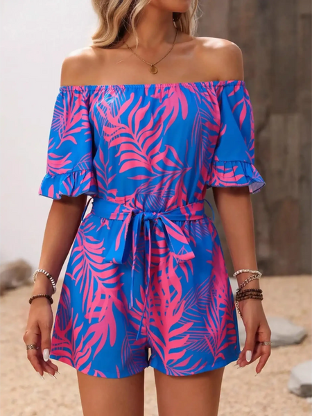 Babe Beachwaer off-shoulder beach romper in blue with pink tropical leaf print and tie waist