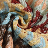 Close-up of multicolored crochet fabric for Babe Beachwear one shoulder mini dress