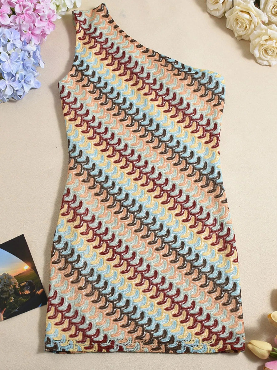 Babe Beachwear one shoulder mini dress with multicolor zigzag pattern perfect for summer outings