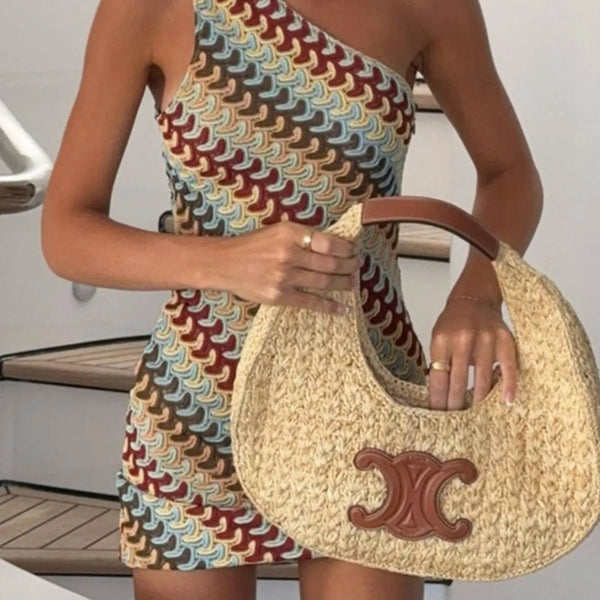 Babe Beachwear one shoulder mini dress featuring colorful wave pattern and fitted silhouette