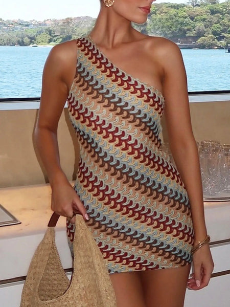 Babe Beachwear one shoulder mini dress with multicolor wave pattern and fitted silhouette