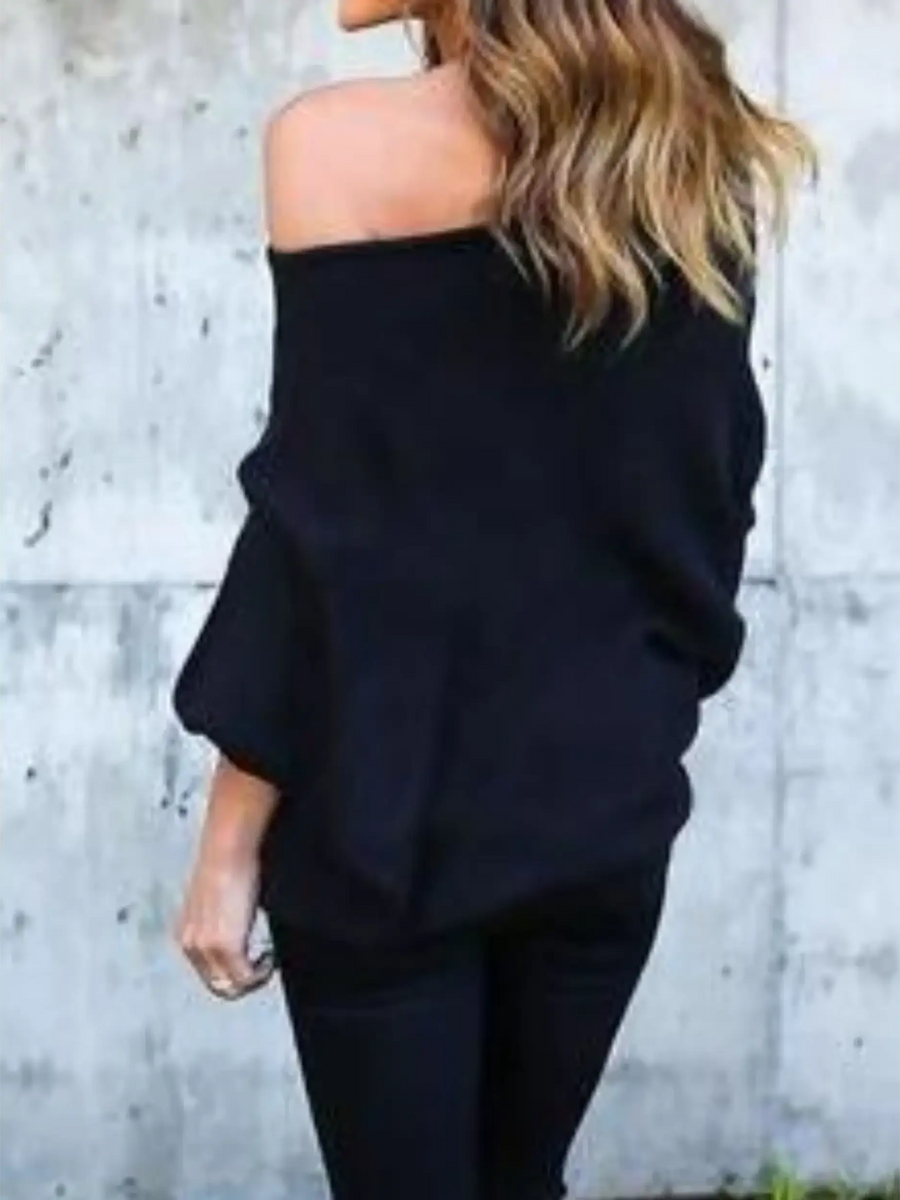 Babe Beachwear black long sleeve one shoulder ribbed top for curvy women styled off shoulder