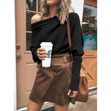 Babe Beachwear one shoulder ribbed top for curvy women in black long sleeve shirt styled with brown skirt