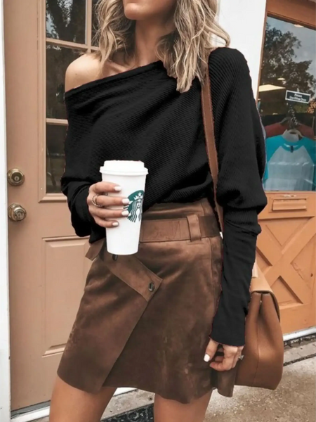 Babe Beachwear one shoulder ribbed top for curvy women in black long sleeve shirt styled with brown skirt