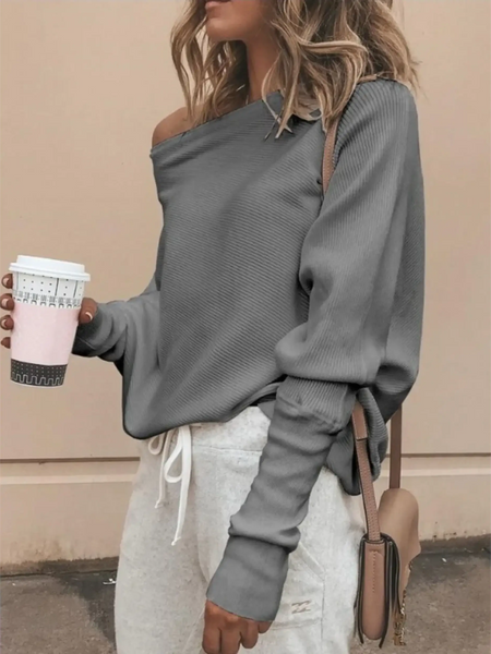 Babe Beachwear one shoulder ribbed top for curvy women in gray long sleeve shirt style