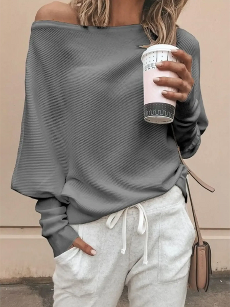 Gray one shoulder ribbed top for curvy women long sleeve shirt by Babe Beachwear