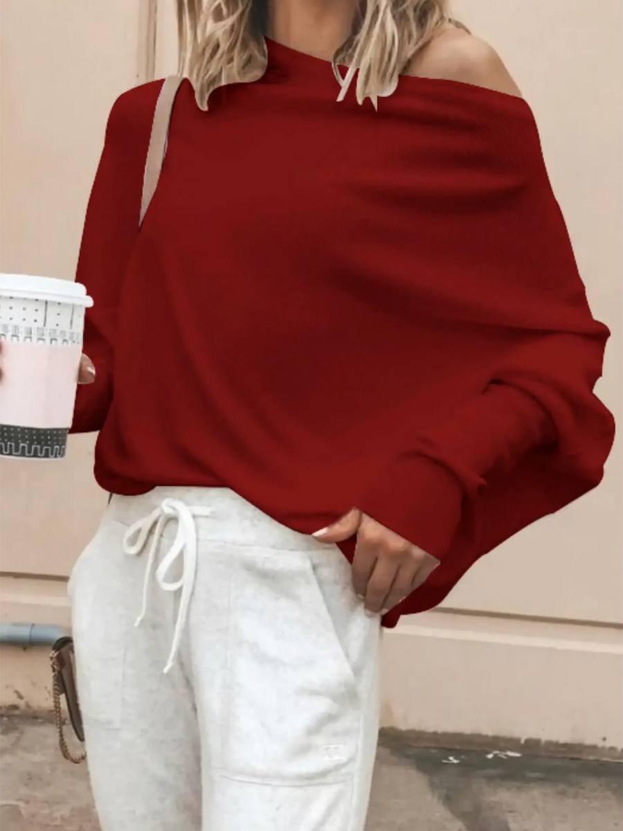 Babe Beachwear red one shoulder ribbed top for curvy women long sleeve shirt with casual fit