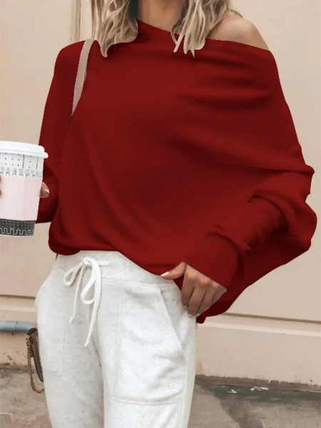 Babe Beachwear red one shoulder ribbed top for curvy women long sleeve shirt with casual fit