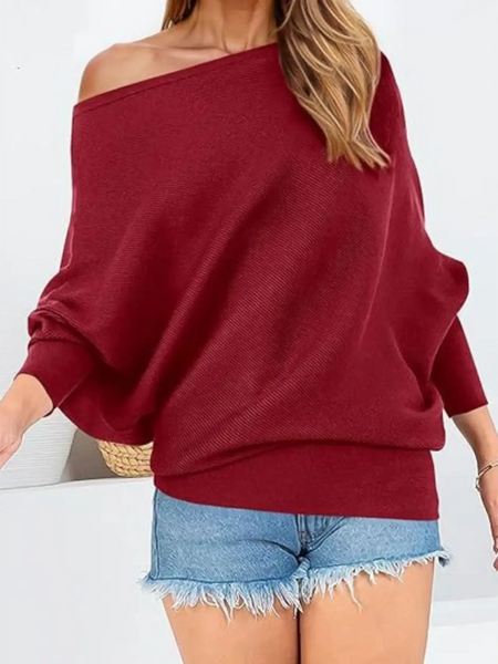Babe Beachwaer one shoulder ribbed top for curvy women in deep red long sleeve shirt style