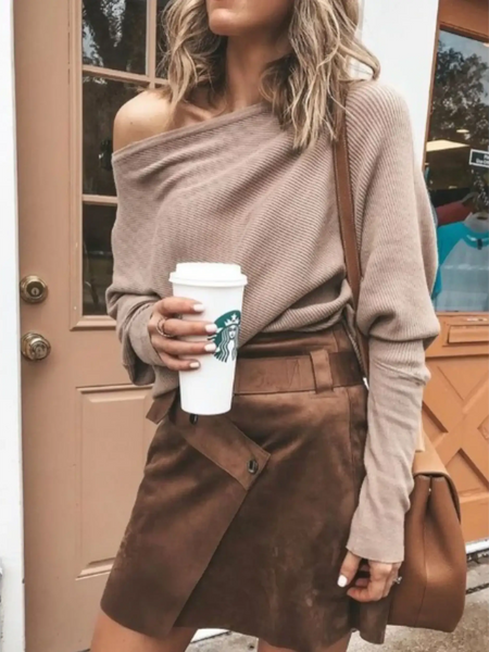 Babe Beachwear one shoulder ribbed top for curvy women in beige worn with brown skirt and coffee cup